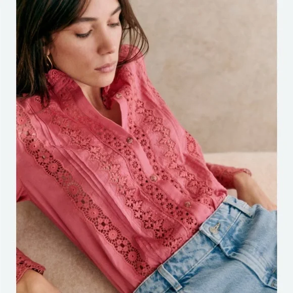 Sezane Rym Blouse - Rosewood Pink Lace Long Sleeve Blouse - Picture 3 of 8